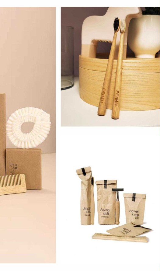 Bamboo hotel amenity collection with toothbrushes and combs