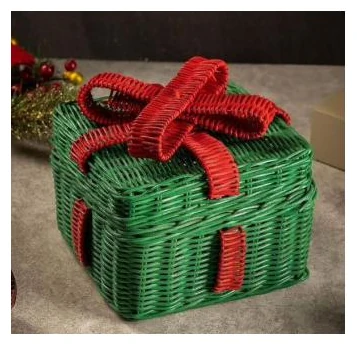 Green rattan gift box basket with red woven bow - HNH BK2559