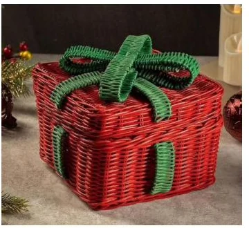 Red rattan gift box basket with green woven bow - HNH BK2560