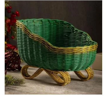 Green rattan sleigh basket on curled gold runners - HNH BK2562