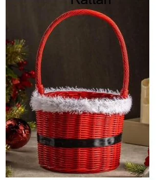 Red rattan bucket basket with Santa belt and fur-trimmed handle - HNH BK2563