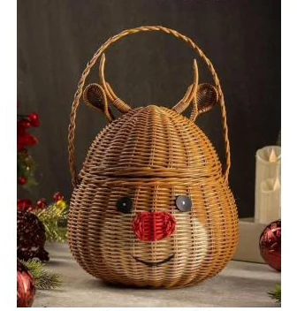 Rattan reindeer basket with antler handles and lid - HNH BK2564