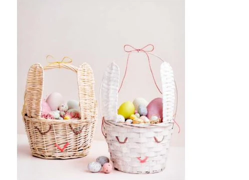 Pair of woven Easter baskets with rabbit ears and ribbon bows - HNH 29035 and 29036