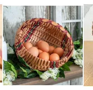 Rattan egg basket with coloured rim shown holding eggs - HNH 29038