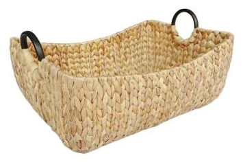 Rectangular water hyacinth tray with black metal ring handles - HNH 29041