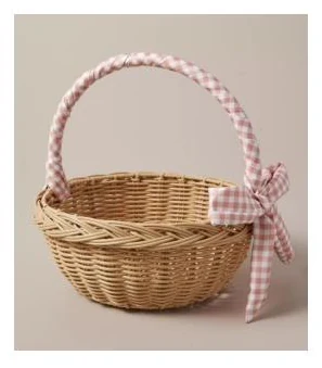 Round rattan basket with pink gingham wrapped handle and bow - HNH 29043