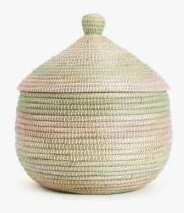 Coiled apple-shaped lidded basket in soft green and pink - HNH B34
