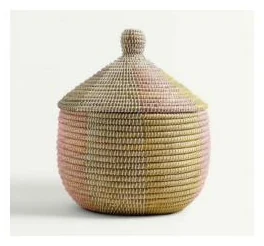 Coiled lidded basket in pink and green banded weave - HNH B35