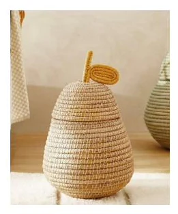 Tall coiled pear-shaped lidded basket with yellow leaf - HNH B43