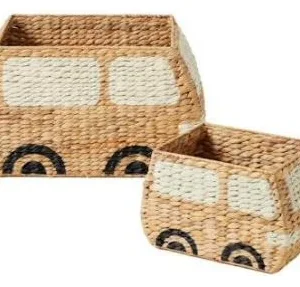 Pair of woven camper van baskets with windows and wheels - HNH B8