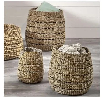 Set of four banded seagrass nesting baskets - HNH BK25173