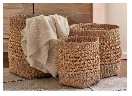 Set of three water hyacinth baskets with open diamond lattice - HNH BK25174